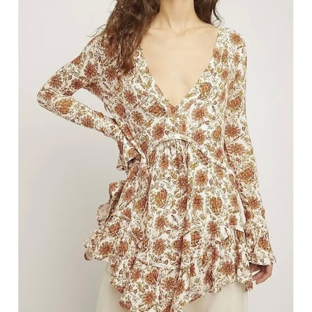 Free People Olivia Printed Tunic Top Size S Ivory Gold Rust Floral Babydoll Boho